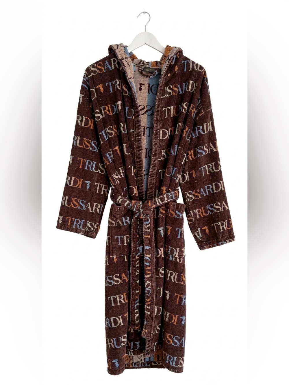 Trussardi Home Linen Brown Logo Print Plush Cotton Hooded Robe Size S/M